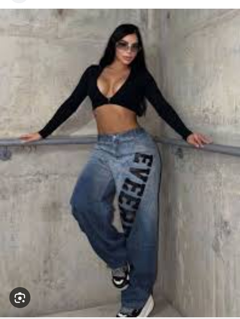 Light Blue Wide-Leg Barrel Jeans with Black Lettering